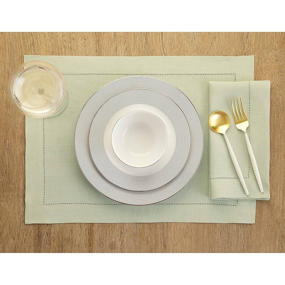 NWT Solino Home Linen Placemats Set of 4 Sage Green Hemstitch Table Mats